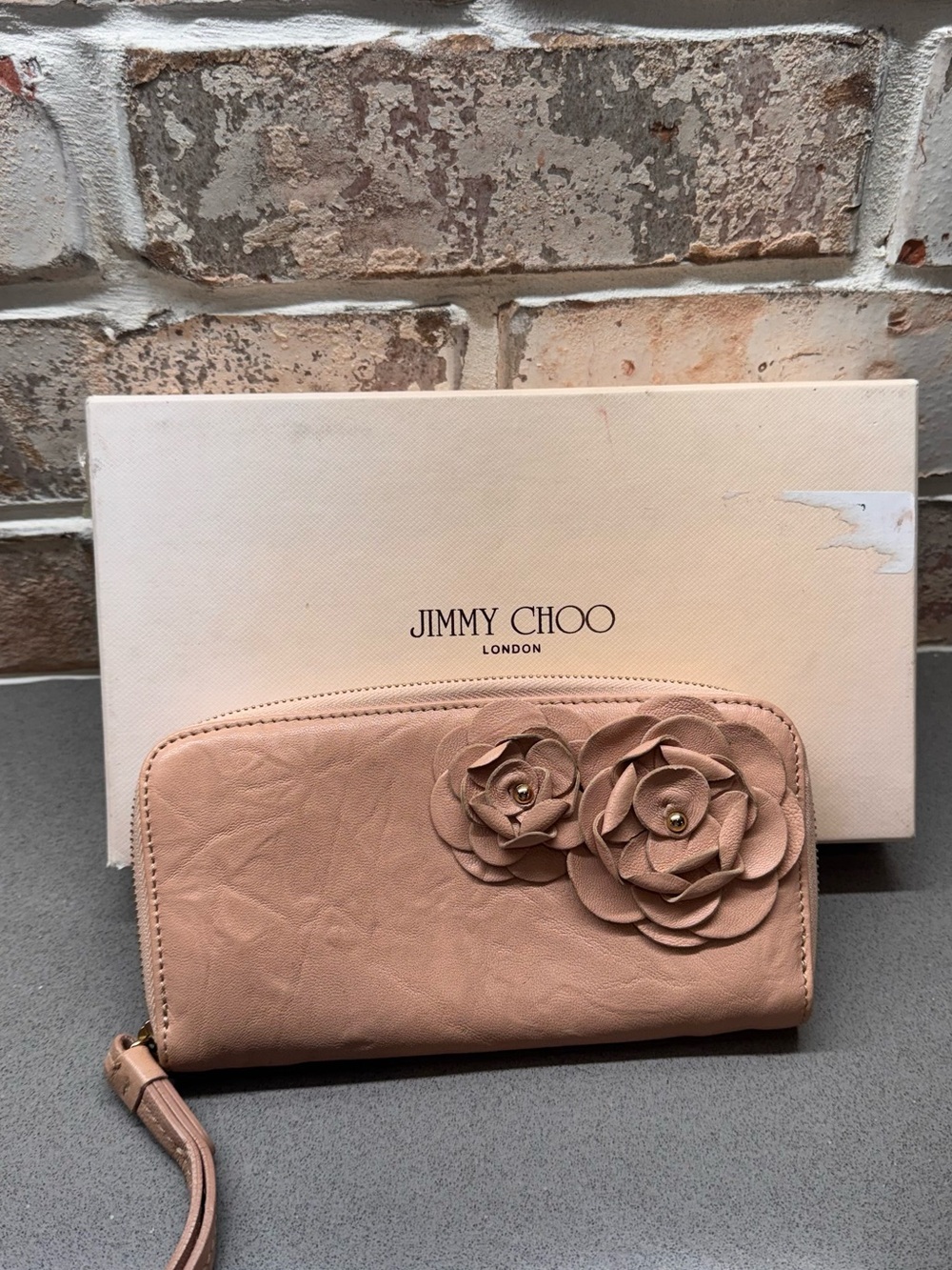 Jimmy Choo Blush Pink Leather Zip Wallet with Floral Rosettes